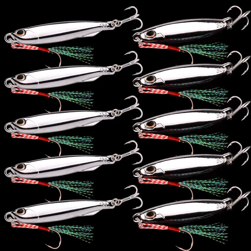 Lote de 10 unidades de plantilla de Metal fundido, 10g, 20g, 30g, 40g, juego de señuelos con anzuelo de fundición, Jigging Fish, señuelo de pesca de lubina, cebo Artificial