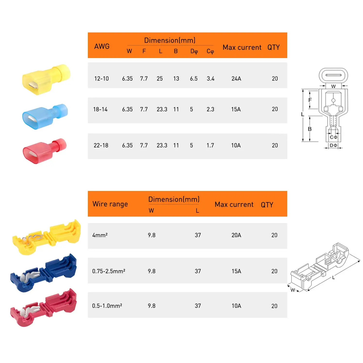 120 peças/60 pares terminais de fio de emenda rápida t-tap auto-descascamento com kit de desconexão rápida masculina totalmente isolada de nylon