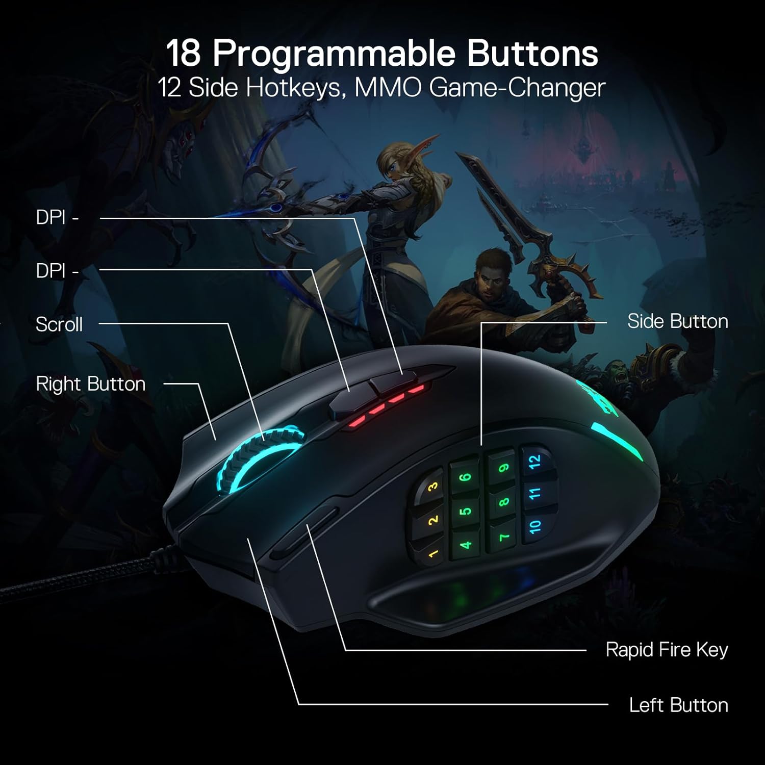 Проводная игровая мышь Redragon M908 RGB со светодиодной подсветкой и USB-подсветкой, 18 программируемых кнопок мыши, 12400 точек на дюйм