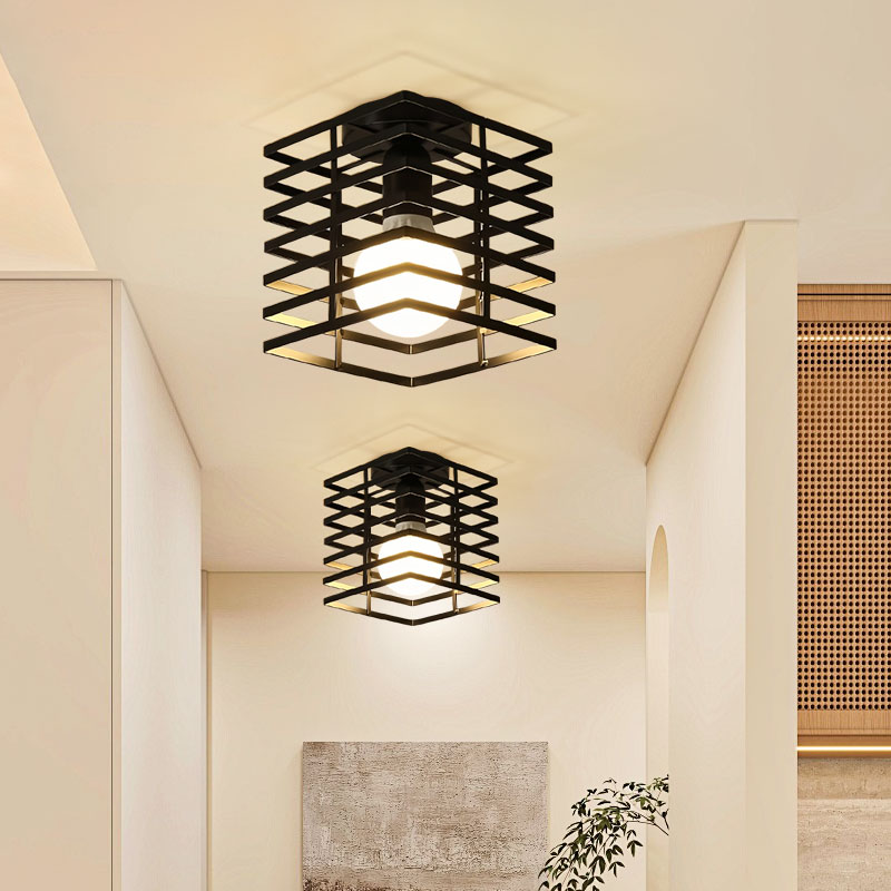 Luces de techo Vintage E27, lámparas de techo para pasillo, vestíbulo, jaula interior de Metal negro, candelabro, accesorios de iluminación para el hogar