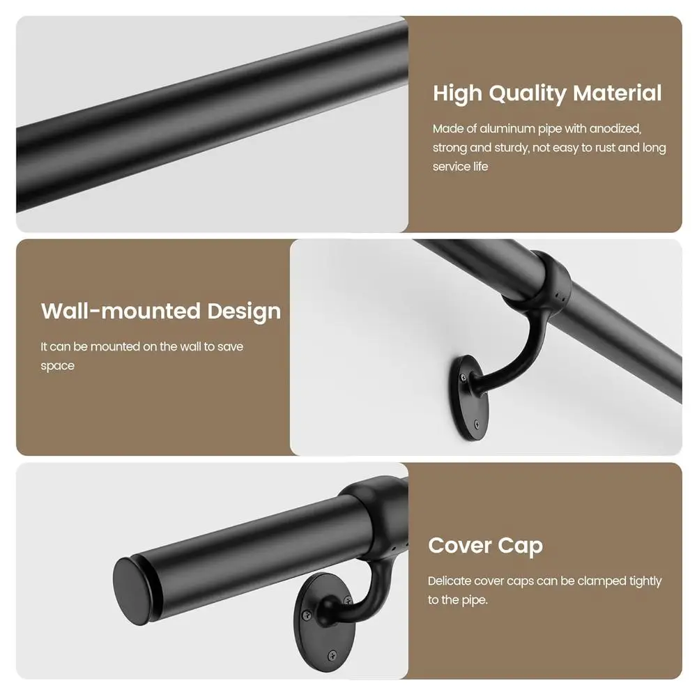 Aluminum Handrails Indoor Outdoor Stair Railing Wall Mount Support Heavy Duty 440lbs Anodized Finish Easy Install Industrial