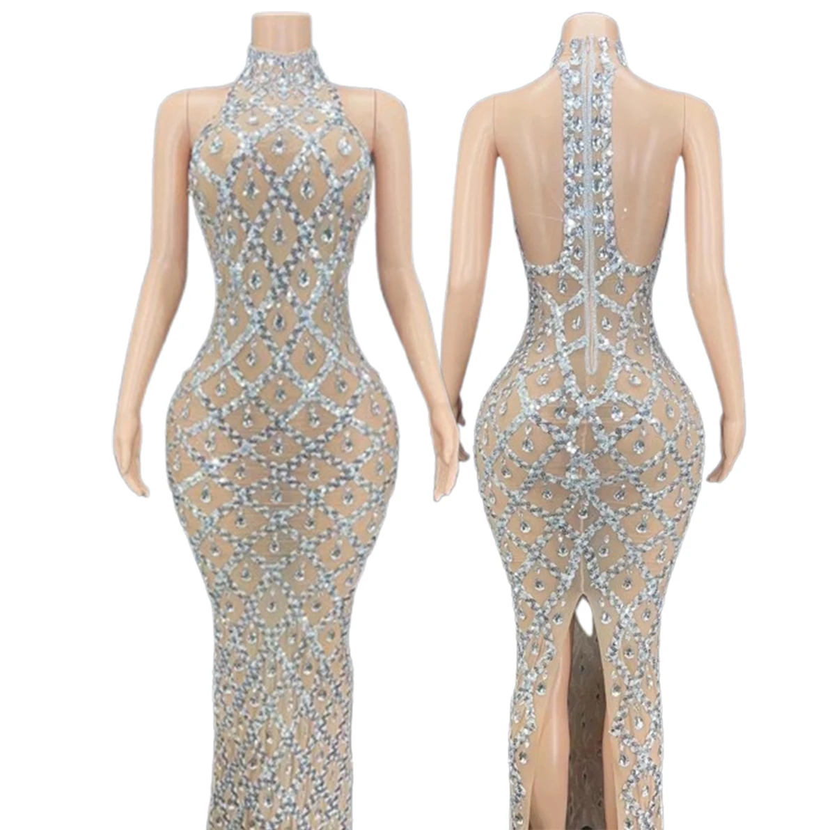 Vestido plateado con diamantes de imitación brillantes para mujer, vestido de fiesta de talla grande con cuello, vestido largo sin mangas, ilusión elegante, diamantes de imitación sexys