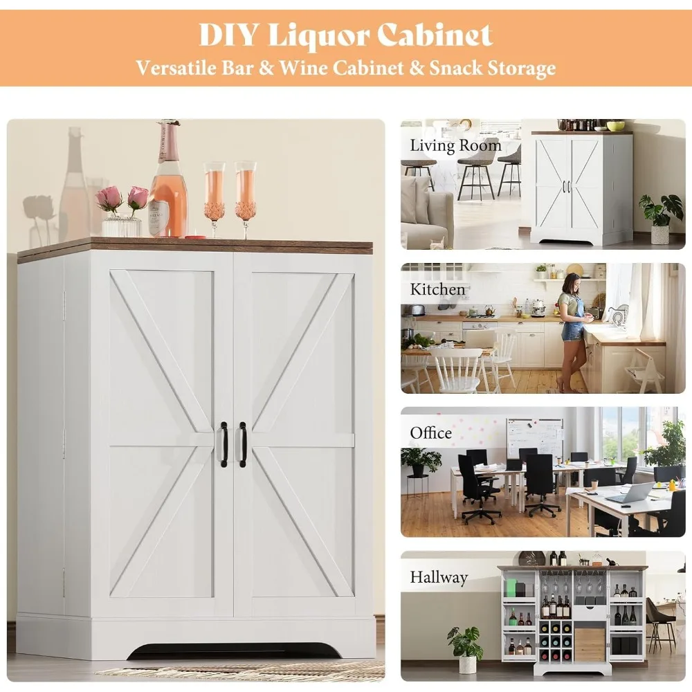 61" Farmhouse Bar Cabinet with 9 Wine Racks, Folding Storage Wine Liquor Cabinet, Expandable Coffee Bar Station with Drawer