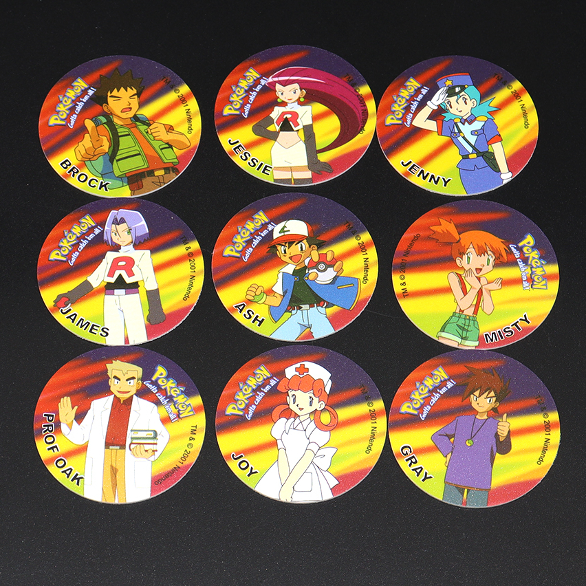 30 Uds Ash Ketchum Tazos Pokemon Starter Pokemon grifos tarjeta de colección Pikachu Trainer redondo Pogs Cheetos Chipitaps 1a edición