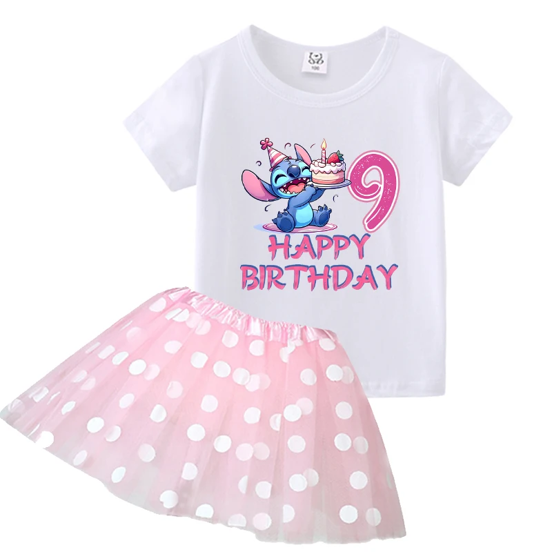 Lilo Stitch วันเกิด T เสื้อสาวเสื้อผ้าชุดน่ารักพิมพ์ Tees + กระโปรงเด็กเสื้อผ้าชุด Polka Dot กระโปรงเสื้อ 2 ชิ้นชุด