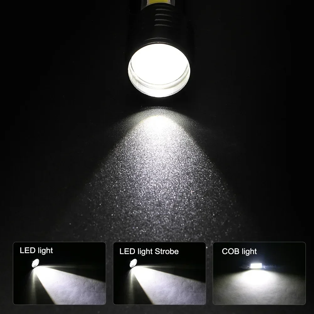 Lanterna LED portátil com bateria embutida, XPE COB Light, lanterna Zoom recarregável, modo 3, anti-derrapante e água