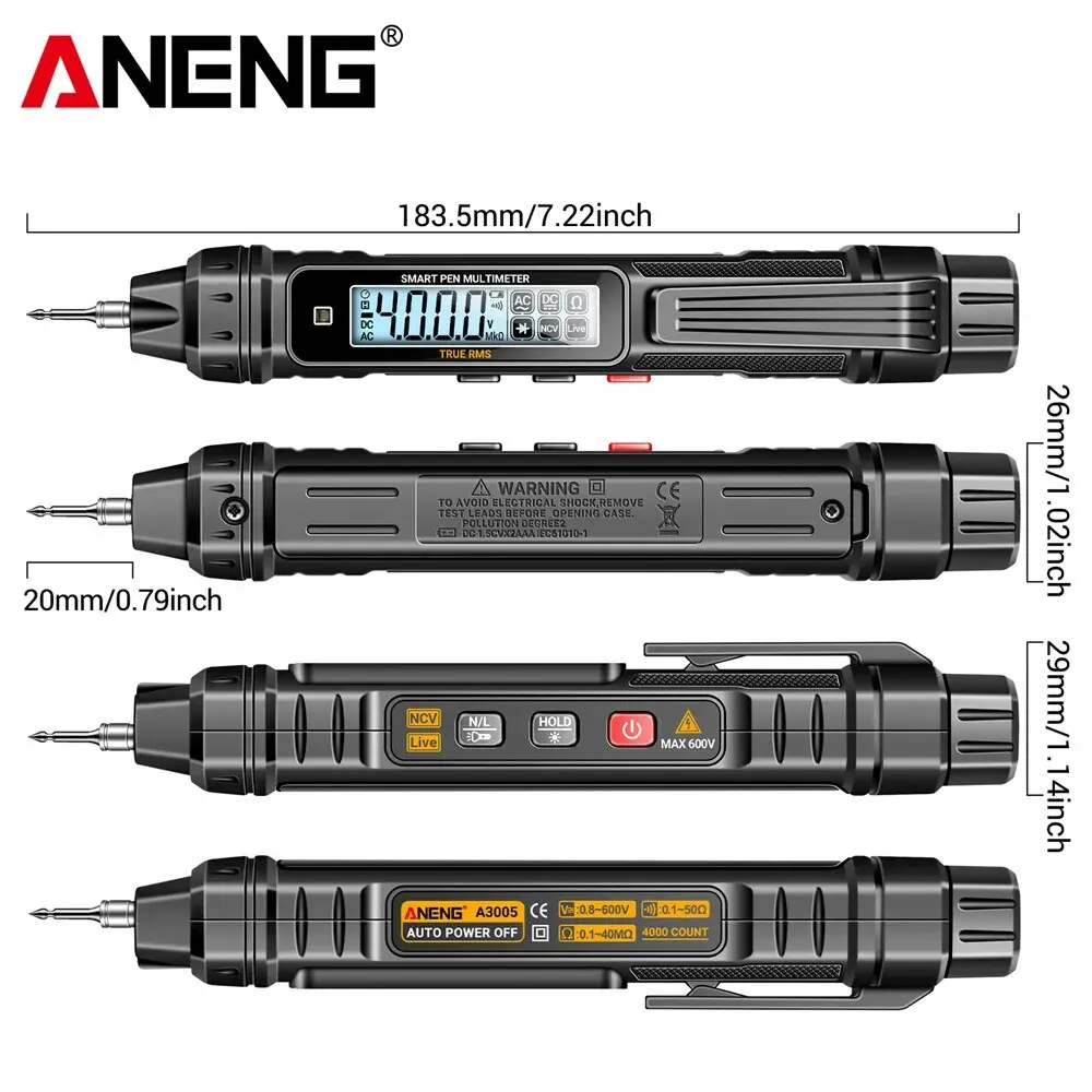 ANENG A3005 Multimetro digitale tipo penna tascabile 4000 conteggi LCD / Cavo di prova schermo anti display senza batteria Vero RMS Nero