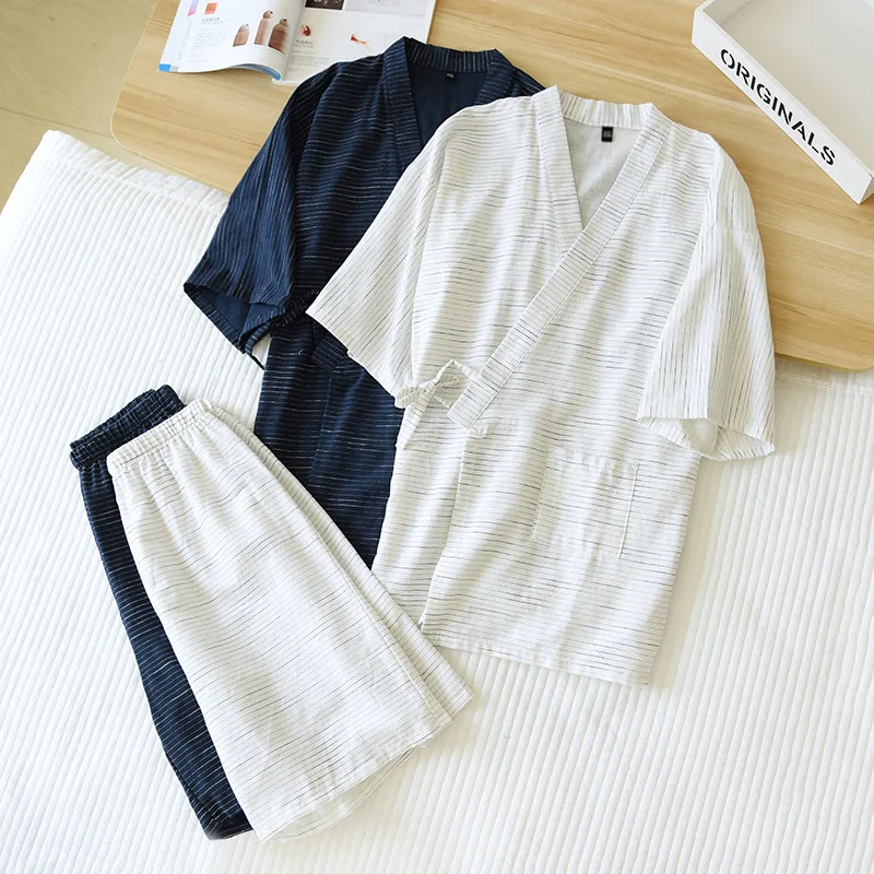 New Japanese Kimono Short-sleeved Shorts Suit Men's Pajamas Two-piece Summer Cotton Yukata Plus Size Bathrobe Sleepwear For Men