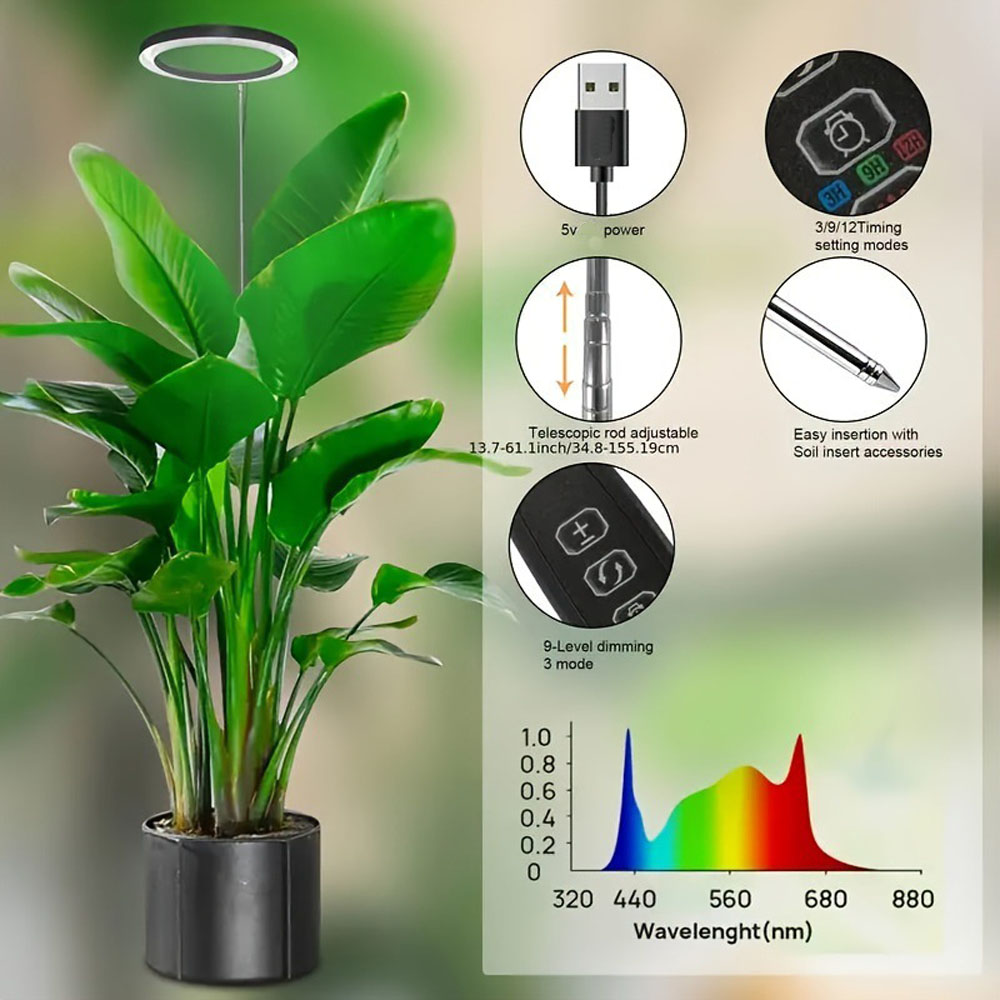 165 cm in hoogte verstelbare LED-ringkweeklampen kamerplanten volledig spectrum groot plantenlicht voor kamerplanten USB-groeilamp