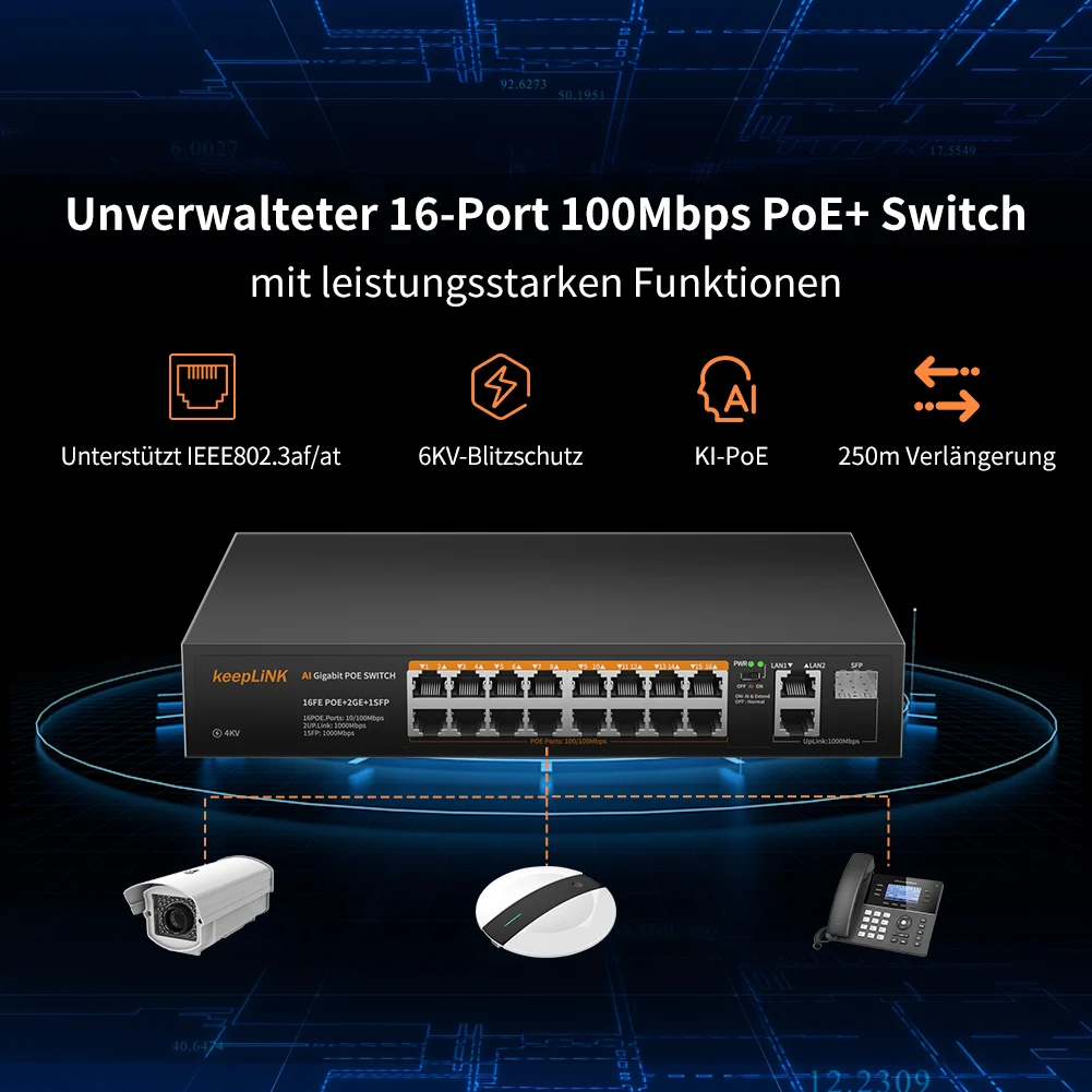 KeepLiNK 19-Port-Netzwerk-Switch mit 16-Megaibt PoE und 2-Port-Gigabit-Ethernet RJ45-Kupfer und 1-SFP-Uplink Plug and Play