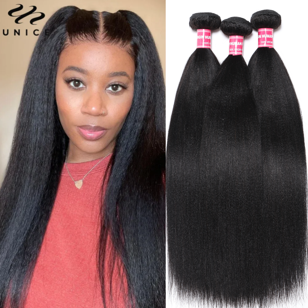 Extensiones de cabello humano liso UNice Hair Yaki, 100g por paquete, 100% cabello humano cosido en tejidos, Color natural de 8-26 pulgadas, 1/3/4 mechones