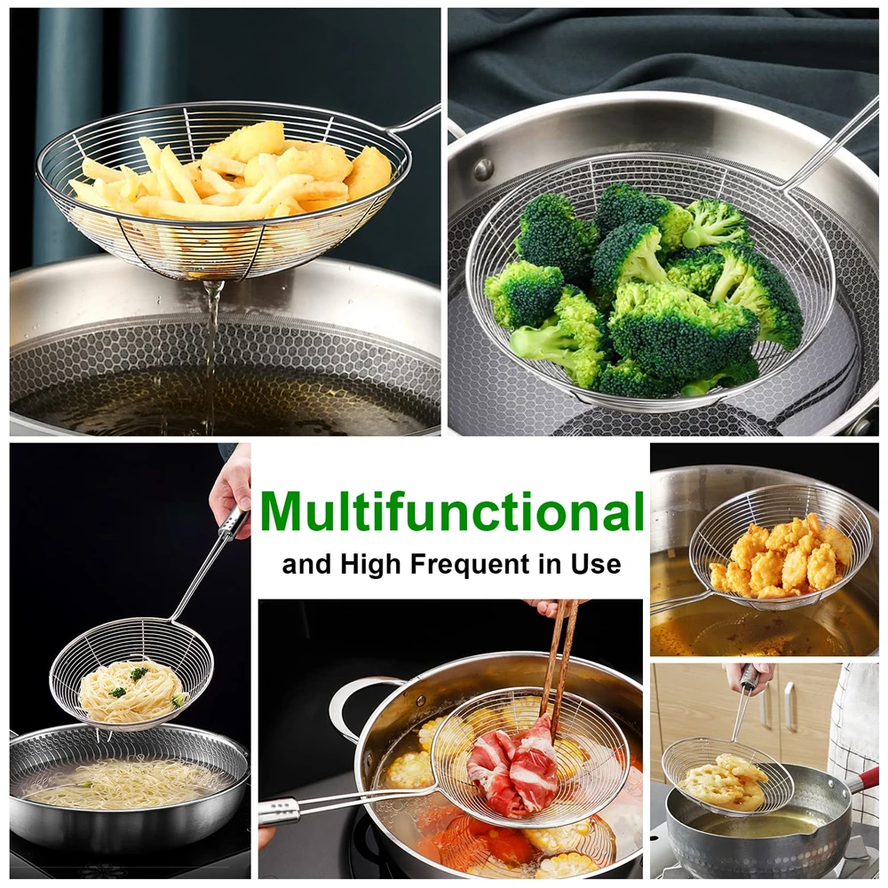 Stainless Steel Fine Mesh Skimmer Spoon Multi-Function Spider Strainer with Long Handle for Cooking Frying and Noodle Straining