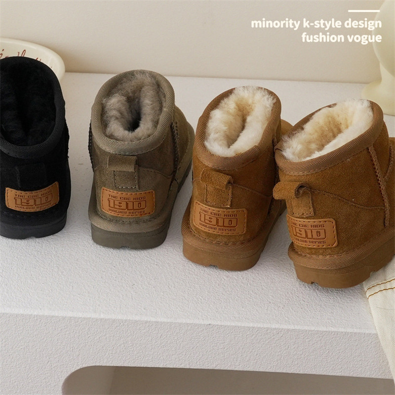 Botas de nieve de lana para niños, botas de cuero genuino de calidad para niños y niñas, zapatos de algodón de ante vacuno suave para bebés, botas de invierno para niños