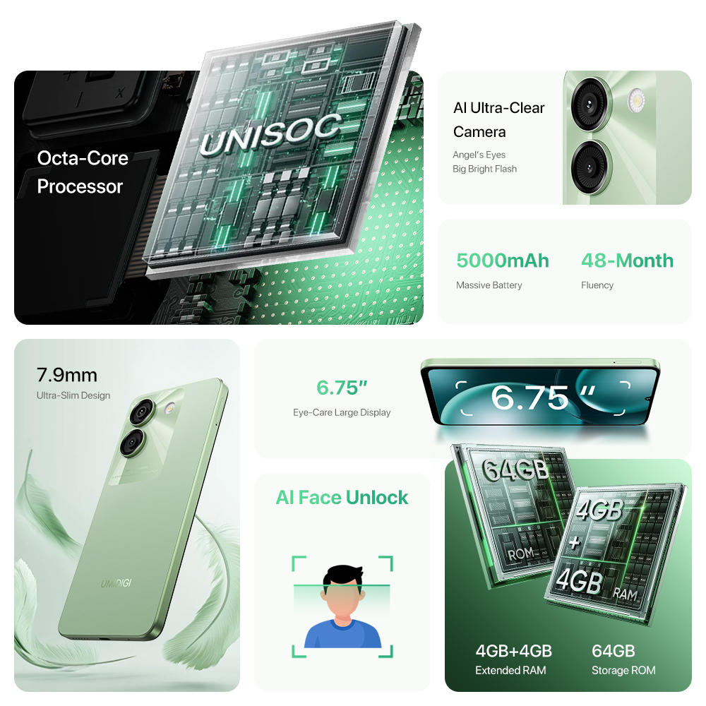 UMIDIGI G9A Android 14 Smartphone Octa-core 13MP Cámara 64GB 6,75 "Gota de agua HD + 5000mAh Batería Tarjeta SIM dual Teléfono móvil