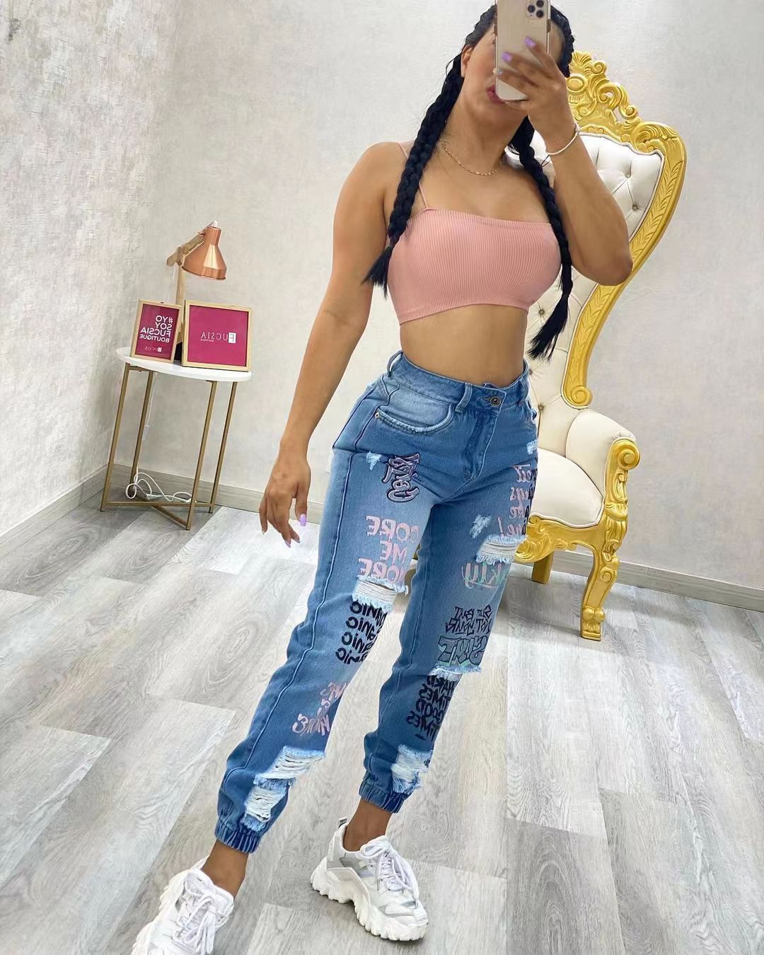 Mulheres denim jeans comprimento do tornozelo impressão buracos lápis calças bolsos lavagem magro básico zíper voar primavera plana leve estiramento