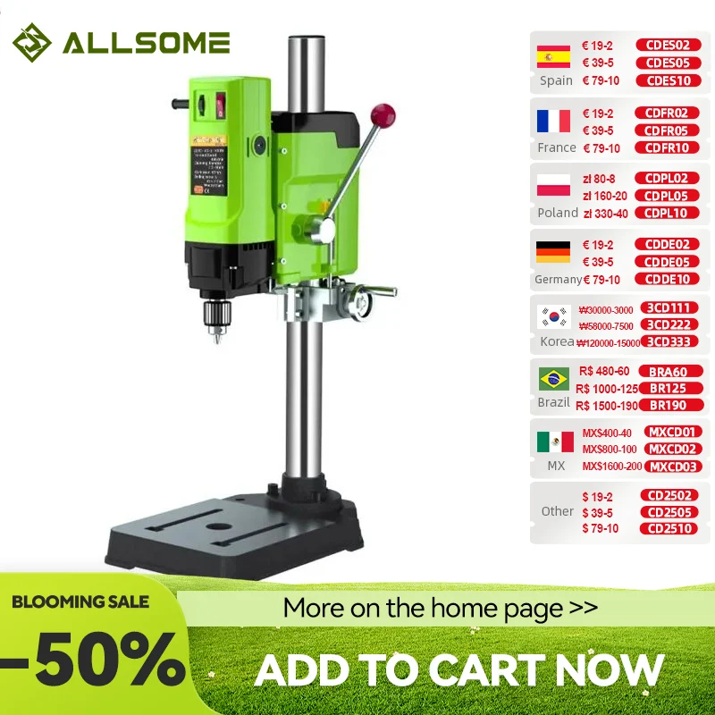 ALLSOME Mini Tischbohrmaschine Tischbohrmaschine Bohrfutter mit variabler Geschwindigkeit 1–16 mm für Heimwerker-Holz- und Metall-Elektrowerkzeuge