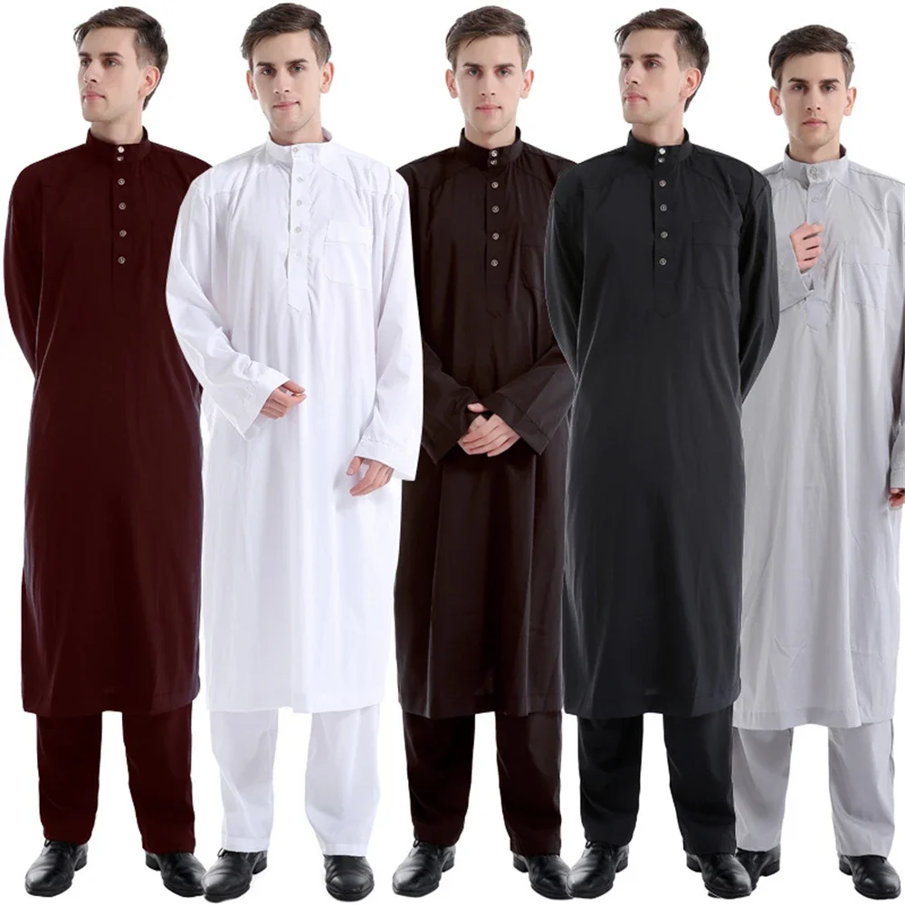 2PCS Saudi Arabisch Männer Jubba Thobe Lange Kleid Hosen Set Eid Ramadan Islamische Kleidung Muslimischen Abaya Dubai Kaftan Dishdasha Robe