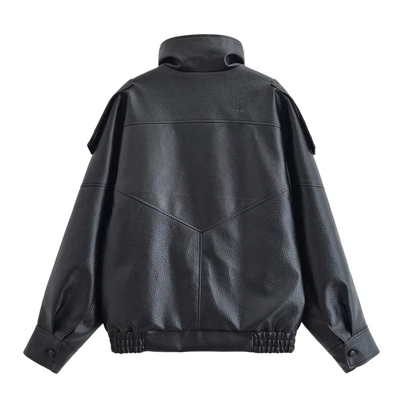 Jaqueta de Couro Fena com Design Solto, Casaco Curto, Moda Quente para Mulheres, Novo Estilo de Outono, Fechamento com Zí...