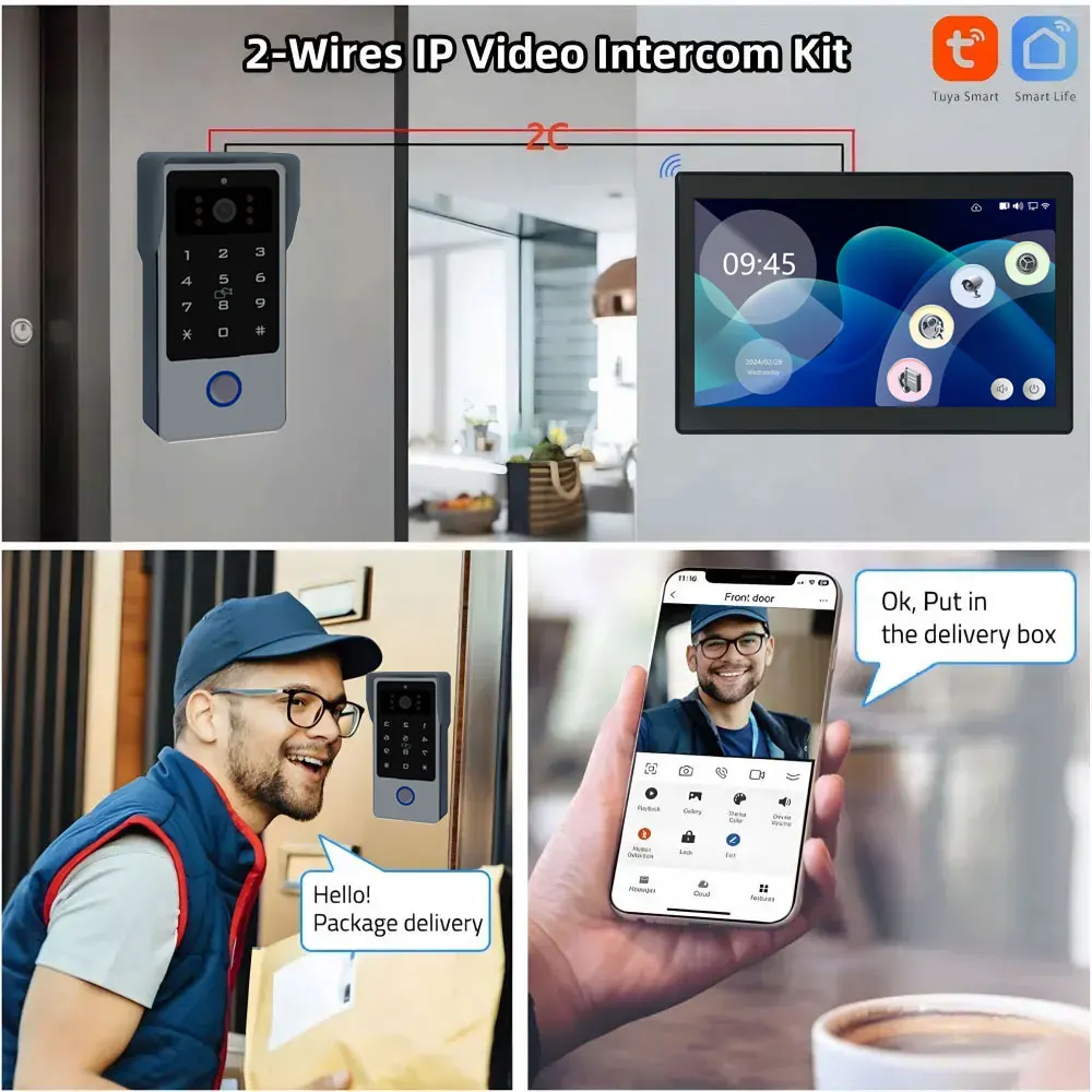 2-проводной Tuya Wi-Fi 1080P видеодомофон видеодомофон 10-дюймовый цветной сенсорный экран с паролем IC-карта разблокировка системы безопасности