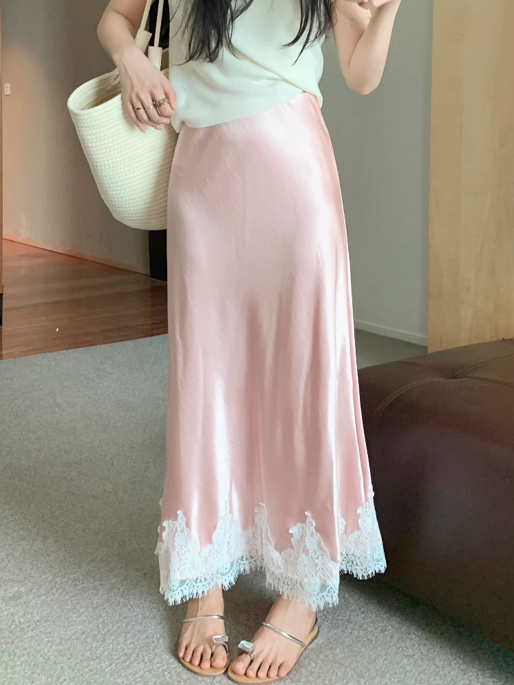 Elegante lange rokken voor dames zomer hoge taille kanten satijnen rok dames A-lijn Koreaanse mode effen kleur losse damesrok