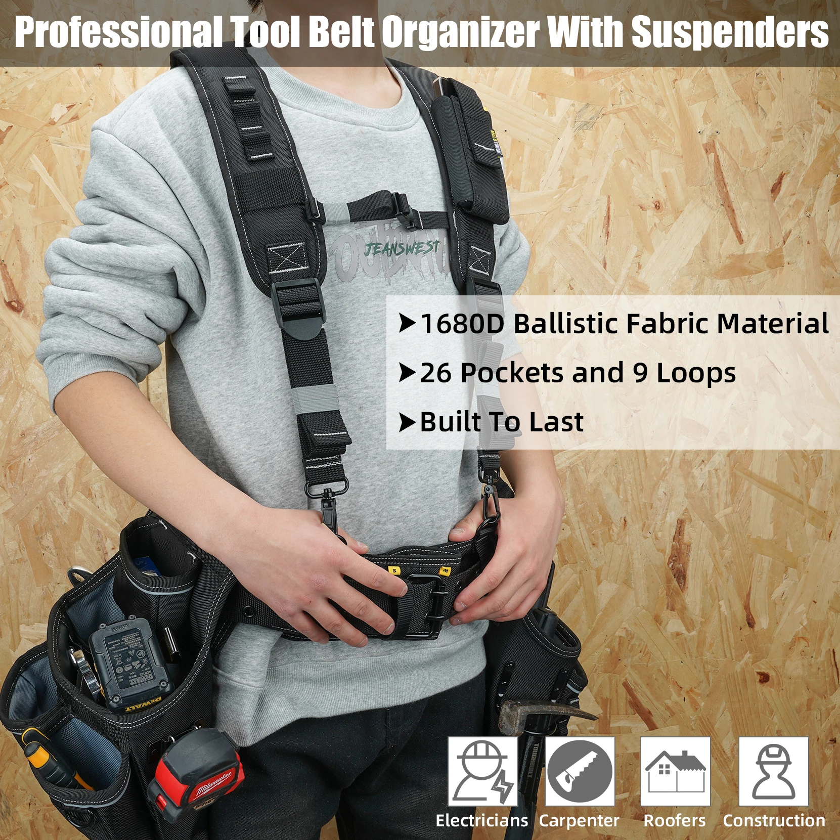 Carpenters Tool Belt with Suspenders Professional Tool Belt Combo Organizer With Tool Pouch Suspenders with 32 Pockets and Loops