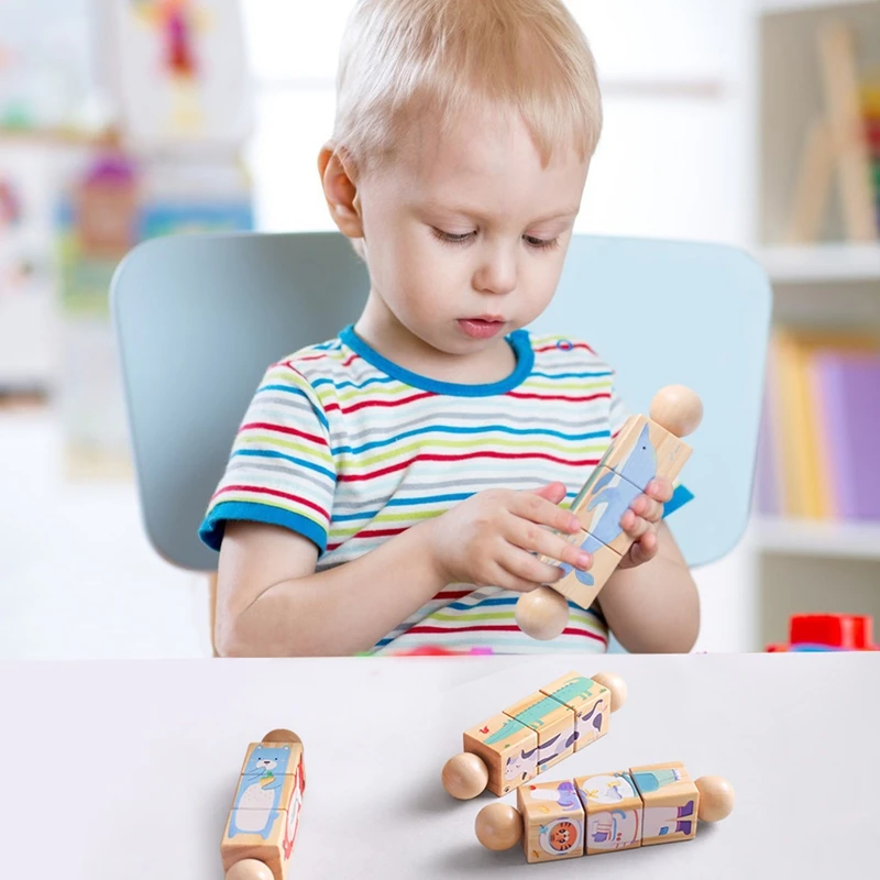 1pc Baby Wooden Rotating Rattle Animal Matching Building Blocks Newborn Soothing Toy Rotating Puzzle Montessori Toys for Babys