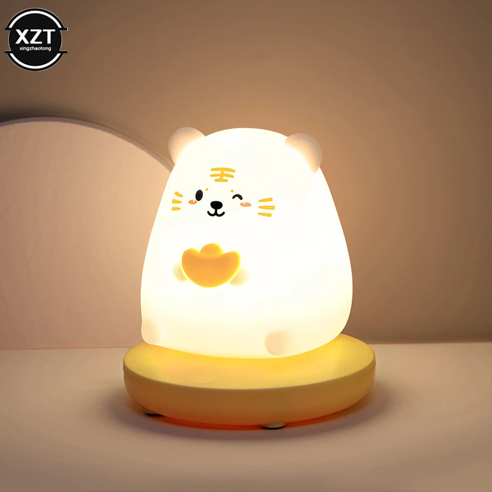 Lámpara LED recargable de silicona con Sensor táctil para niños, luz nocturna regulable para dormitorio, animales lindos, cerdo, conejo, regalos de vacaciones