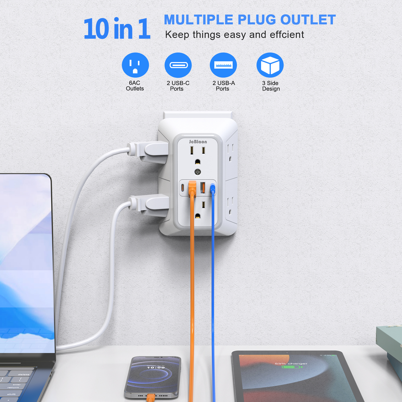 US Multi SOCKET Wall SOCKET พร้อมปลั๊กไฟ AC 6 ช่อง 4 พอร์ต USB (2 ประเภท C), universal Plug Power Strip เครือข่ายกรอง Fast CHARGING