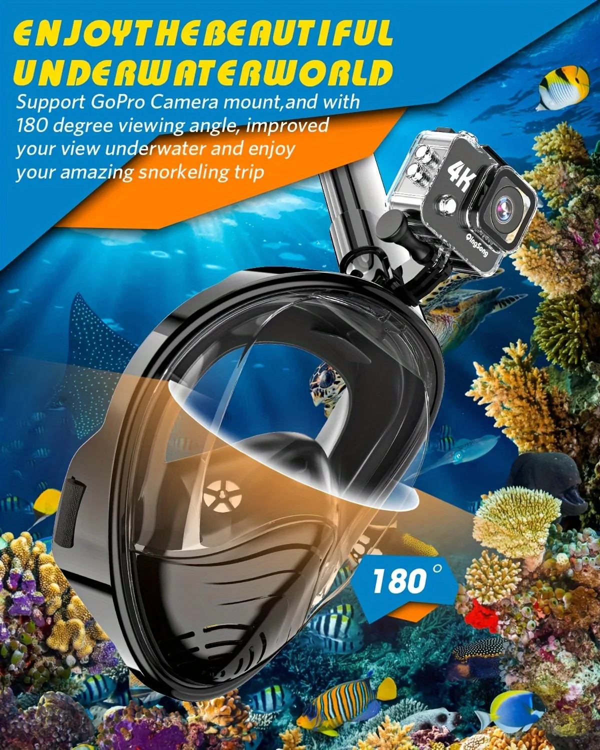 Maska do snorkelingu Full Face Dry Top 180 Degree Panoramic View Snorkeling Mask Anti-Fog Anti-Leak z mocowaniem do kamery sportowej Gopro