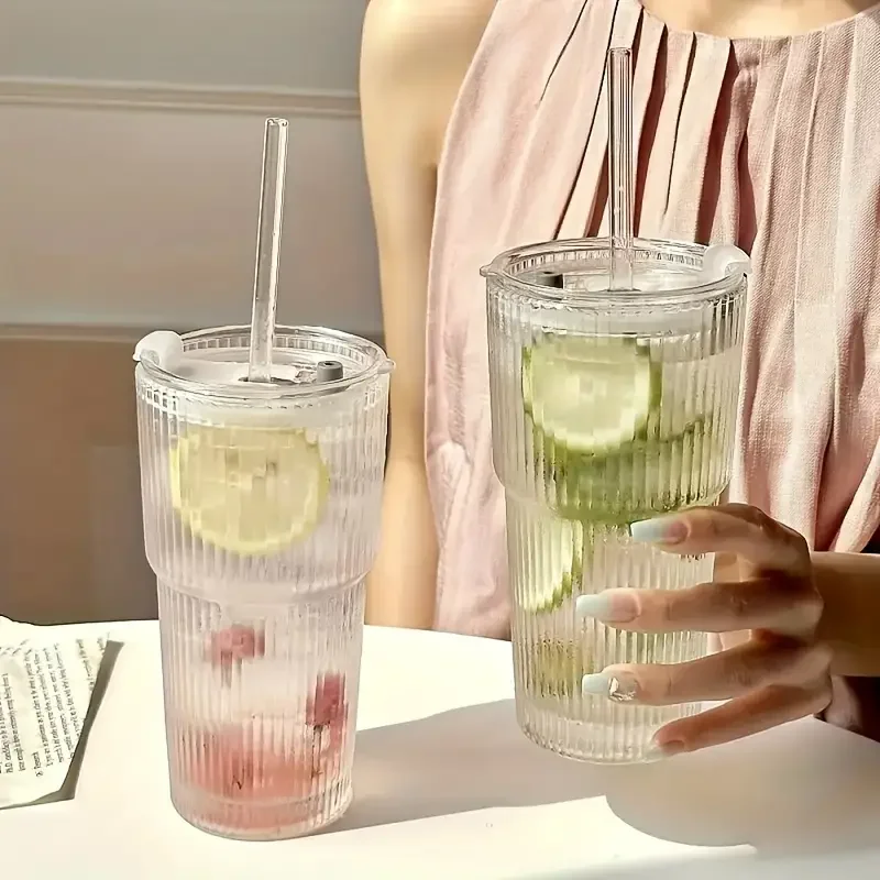 1/2 Uds. Taza de vidrio a rayas de 600ml con tapa y pajita, vasos transparentes para beber para jugo, agua y tazas de café helado, vasos