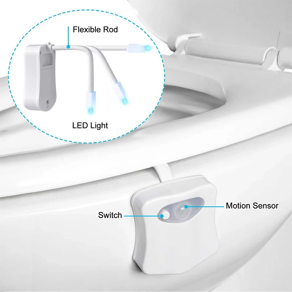 Luce con sensore di movimento Luce notturna a LED senza fili RGB 8 colori Lampada WC Bagno Luce d'atmosfera Sensore colorato Luci notturne a LED