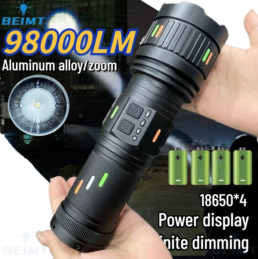 98000LM 10000MAH Мощный фонарик 100 Вт Портативный фонарик Открытый мощный свет на большие расстояния Механический зум Быстрая зарядка Светодиод