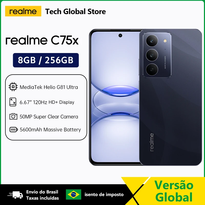 Versão Global Realme C75x Smartphone MediaTek Helio G81 Ultra 6.67 "120Hz Display 50MP AI Câmera 45W Carregamento Rápido 5600mAh Battery