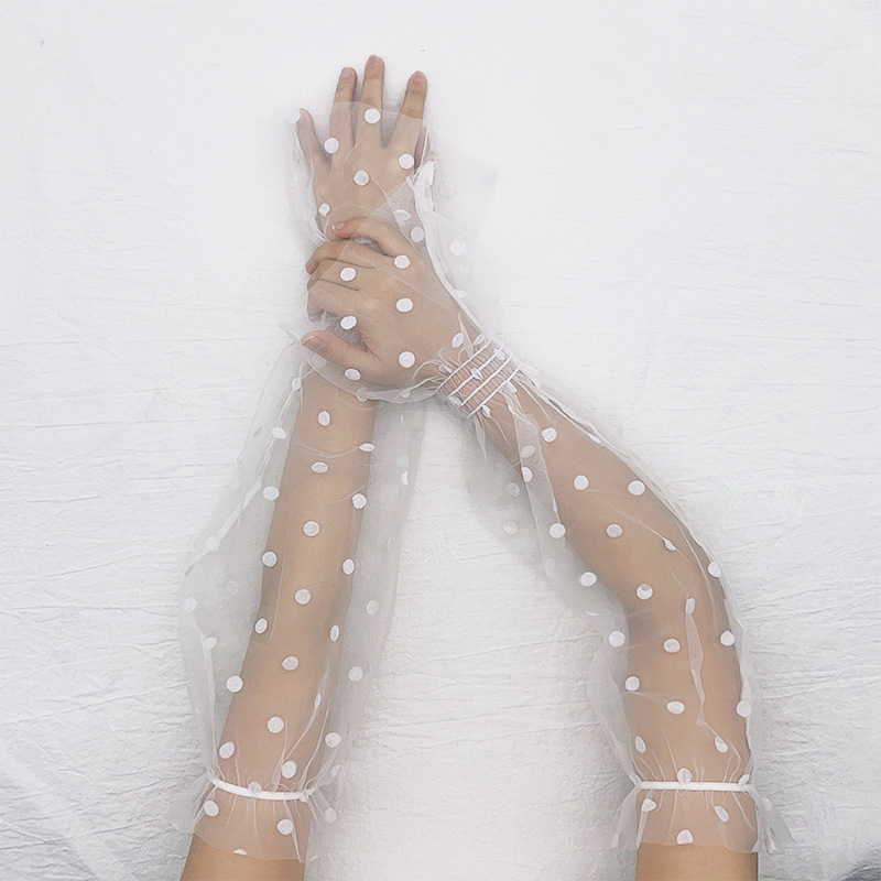 Luvas longas de renda com braço de tule para mulheres, luvas anti-UV, luvas para dirigir, ponto preto branco, malha, ciclismo, sexy, verão