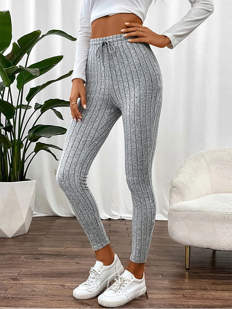 Leggings elásticos informales para todos los días con cordón para mujer, mallas deportivas transpirables de cintura alta de Color sólido, ropa suave y cómoda