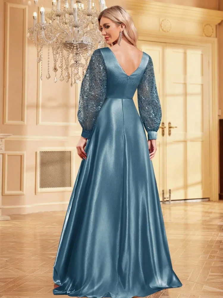 Lucyinlove หรูหราสีฟ้า V คอเลื่อมชุดราตรี 2024 Elegant ผู้หญิง Maxi ชุดแขนยาวค็อกเทลชุดชุดราตรี