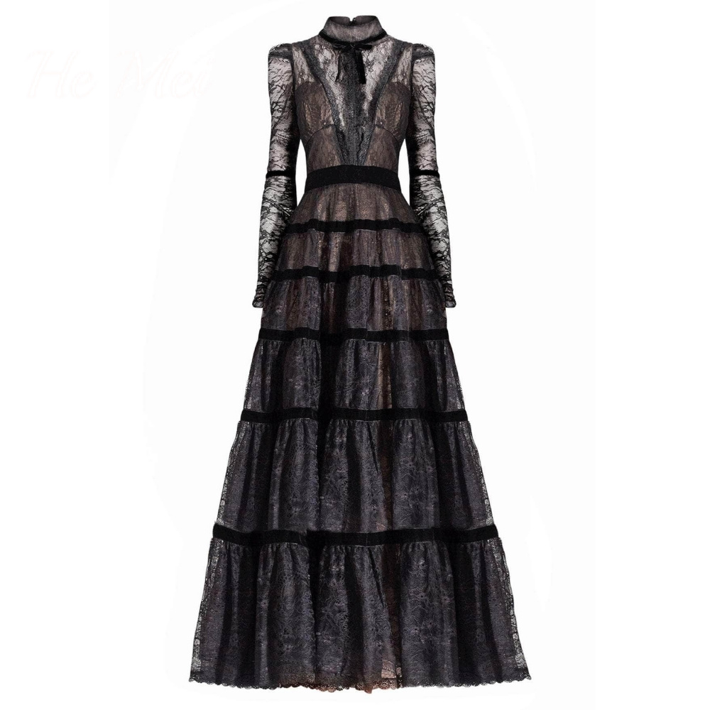 Robe de Rhen dentelle à manches longues pour femmes, robes de soirée A-ligne, col rond exquis, occasions formelles, soirée