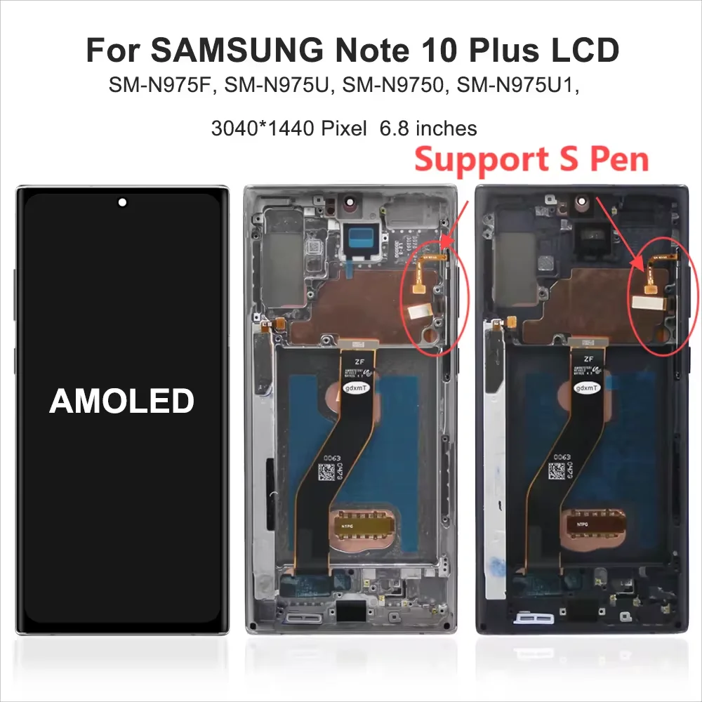 AMOLED TFT 노트 10 플러스 스크린, 삼성 노트 10 + LCD 디스플레이, 5G N976F 터치 스크린, 프레임 지지대 S 펜, 지문 포함