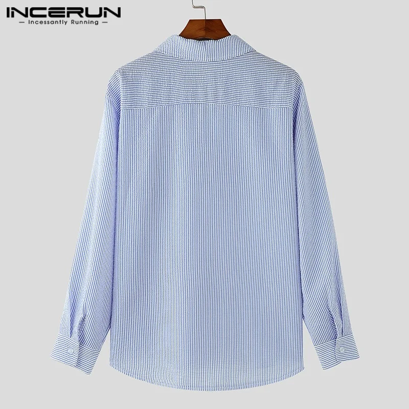 INCERUN-Tops bien ajustados a la moda para hombre, camisas con diseño de cuello Windsor, ropa de calle informal, blusa de manga larga a rayas simples 2024