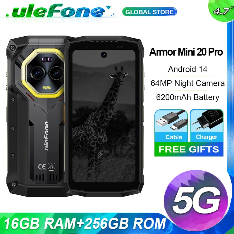 Ulefone Armor  Mini 20 Pro 5G 4,7 "Telefone robusto 64MP Câmara noturna Luz LED versátil Smartphone Android 14 6200mAh 16GB RAM （8 + 8） 256GB ROM 33W Telemóvel