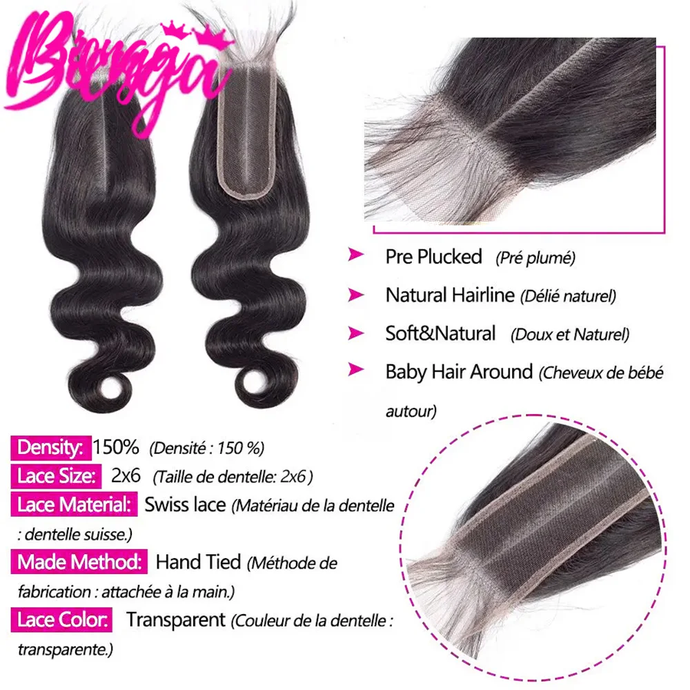 28 30 32 polegada onda do corpo pacotes de cabelo humano com fechamento 2x6 parte média fechamento do laço com pacotes de cabelo cru brasileiro para mulher