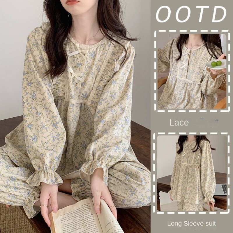 Pijamas de talla grande para mujer, ropa de casa para estudiantes de estilo jardín, versión coreana de dos piezas del lazo, se puede usar en el exterior de manga larga para mujer