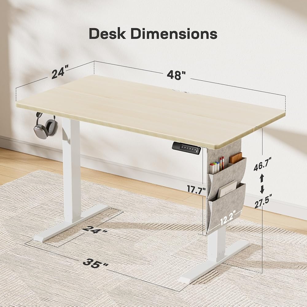 Standing Desk Adjustable Height Home Office Desk,‎48X24 H Electric Standing Desk, Stand Up Desk With Storage Bag,Headphone Hook