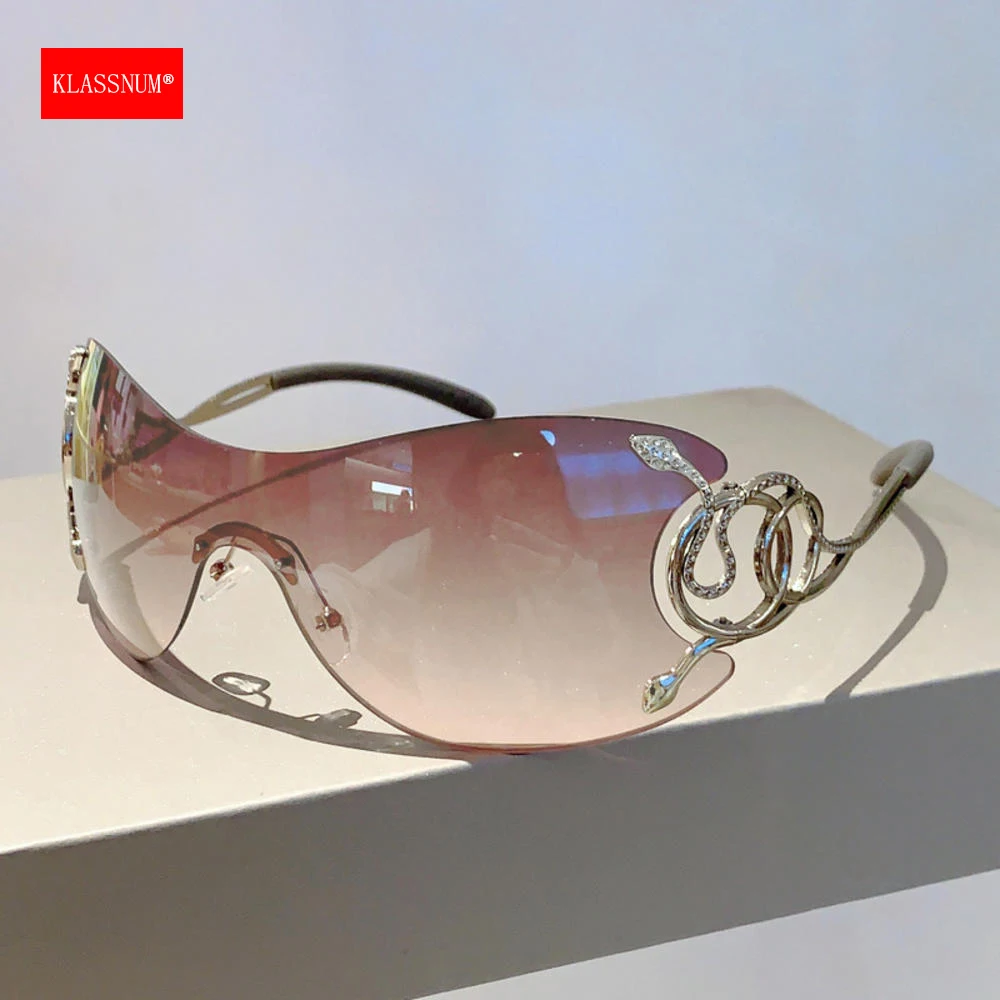 Klassnun-gafas de sol sin montura Y2k para mujer, lentes con degradado, elegantes, para exteriores, diseño de marca de lujo, montura de Metal
