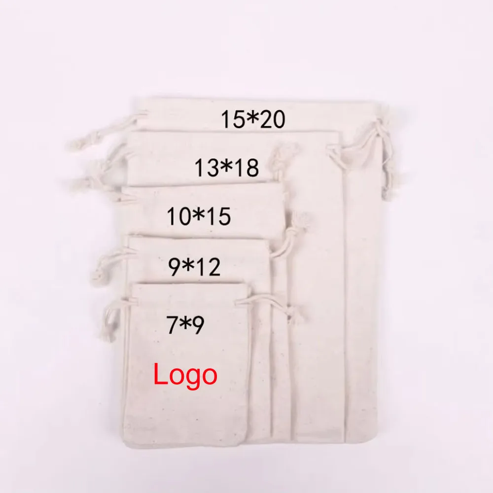 100 unids/lote bolsas de algodón natural 7x9 9x12 10x15 13x18 15x20cm bolsas de regalo con cordón bolsas de almacenamiento para el hogar bolsa de embalaje logotipo personalizado