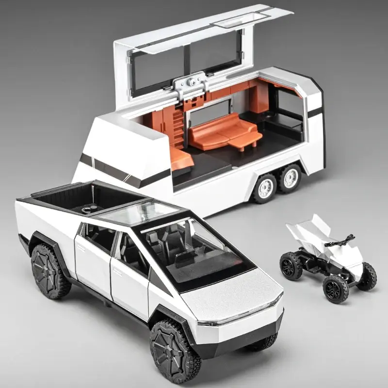 Camiones de juguete 1:32 para niños, modelo Cybertruck, camioneta plateada, coches de juguete de Metal fundido a presión con sonido y luz para niños de 3 años
