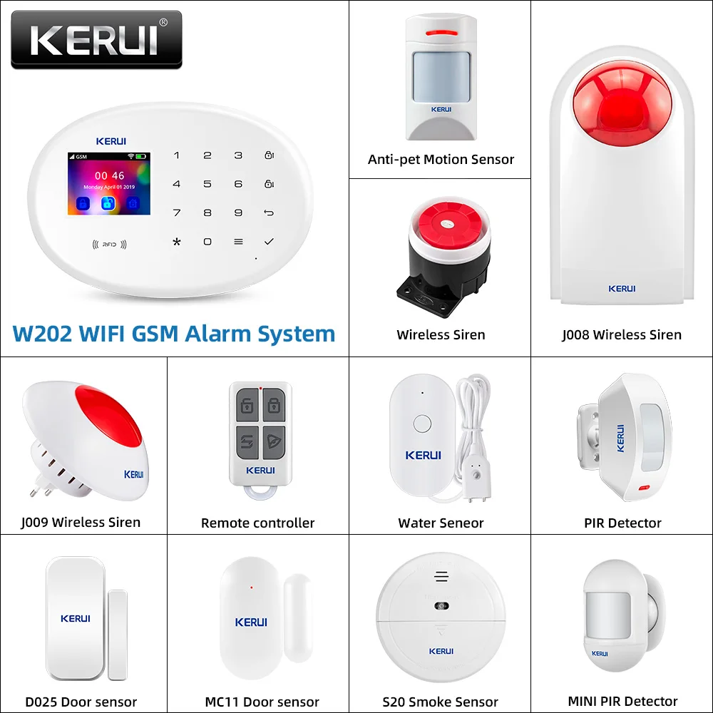 KERUI W202 WIFI GSM Alarm System Tuya RFID APP Remote Control with Motion Sensor Detector Door Sensor