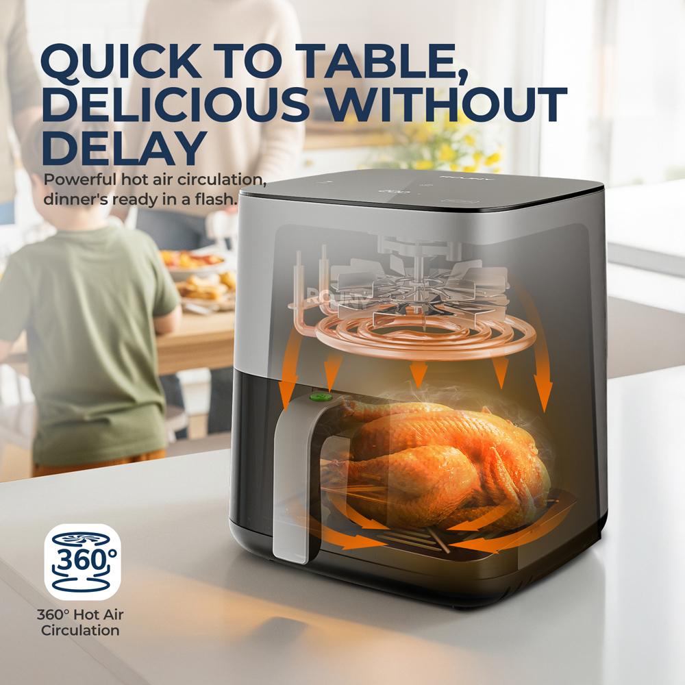 MIUI Freidora de aire de 5L, freidora eléctrica sin aceite con control táctil, cesta antiadherente y ventana visible, tamaño familiar