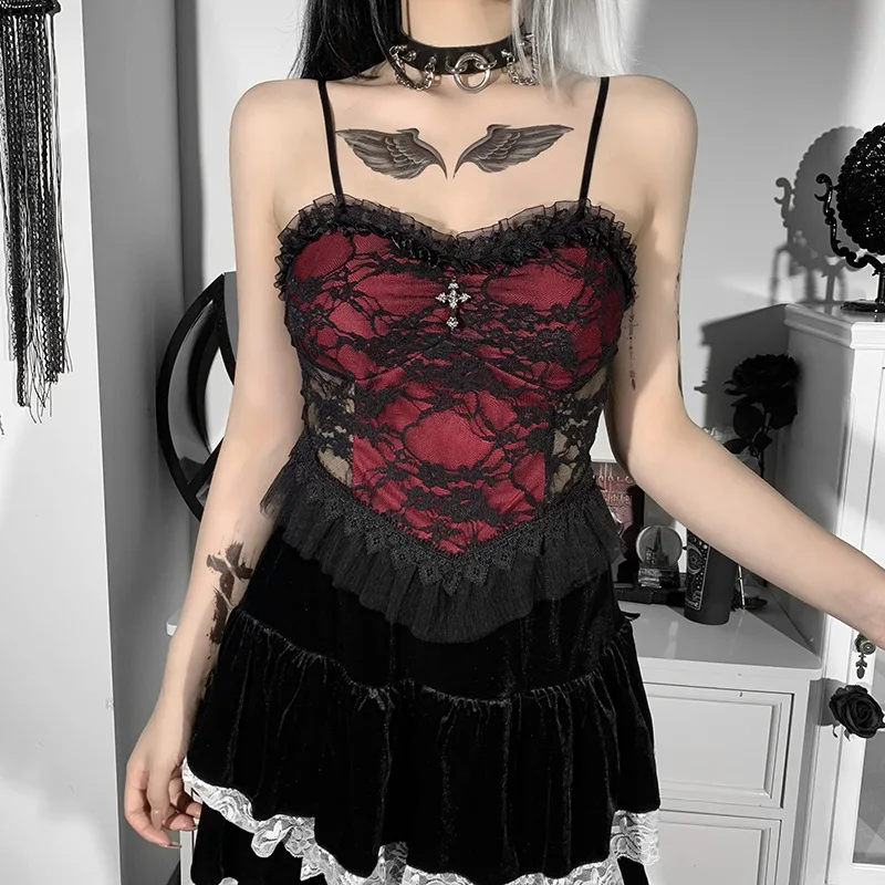 Goth Crossพิมพ์ลูกไม้Bodycon Crop Tops Camisเซ็กซี่Y2KความงามสีดําสีแดงBasic Corset Tank Topเสื้อผ้าฤดูร้อนสําหรับผู้หญิงหญิง