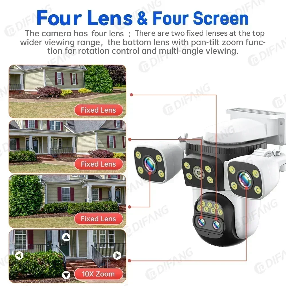 10K Home Security WiFi Camera Vier Len Vier Scherm 360 ° 10X Zoom CCTV 20MP Draadloze Bewaking IP Cam Beveiliging,Buitenoverwegingcamera, Wi-Fi beveiligingscamera